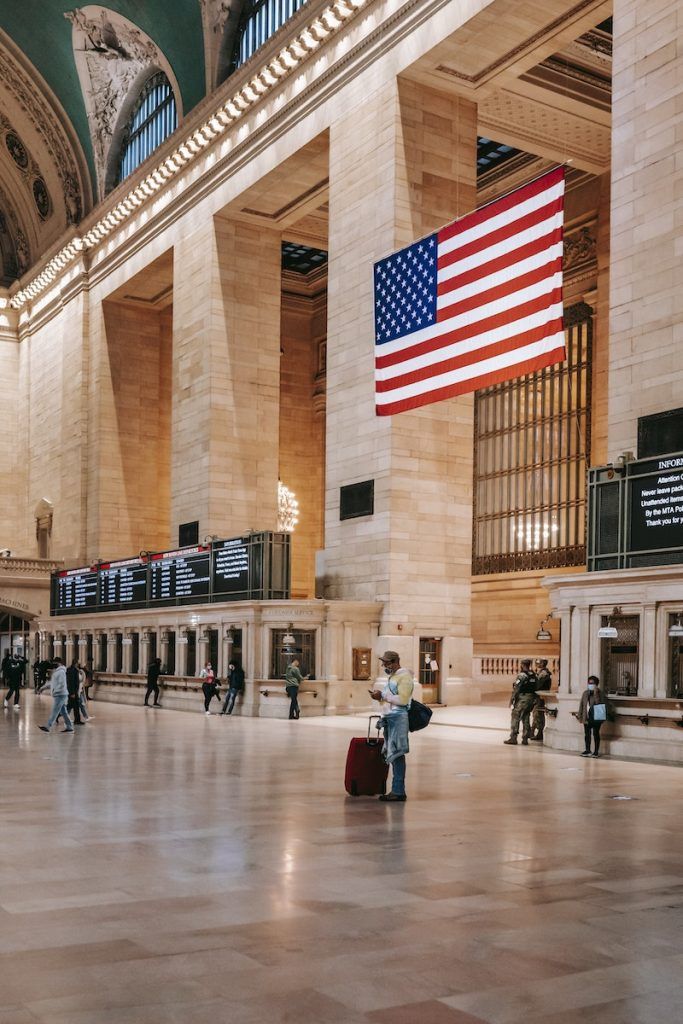 Classic interior of urban building with American flag
